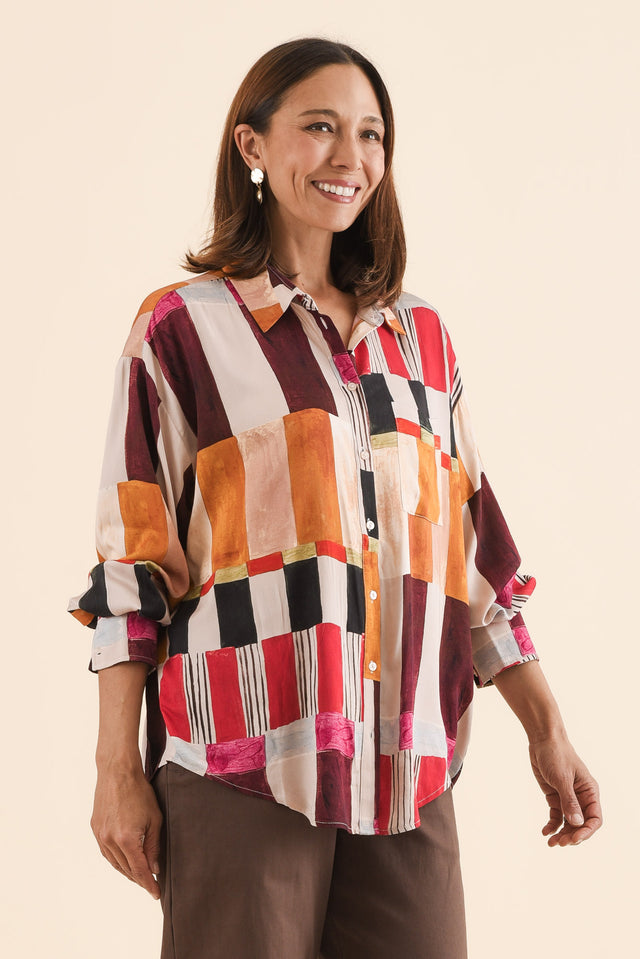 Glenda Red Geo Collared Shirt,Side,Brunette model,alt text|model:Cara image 3