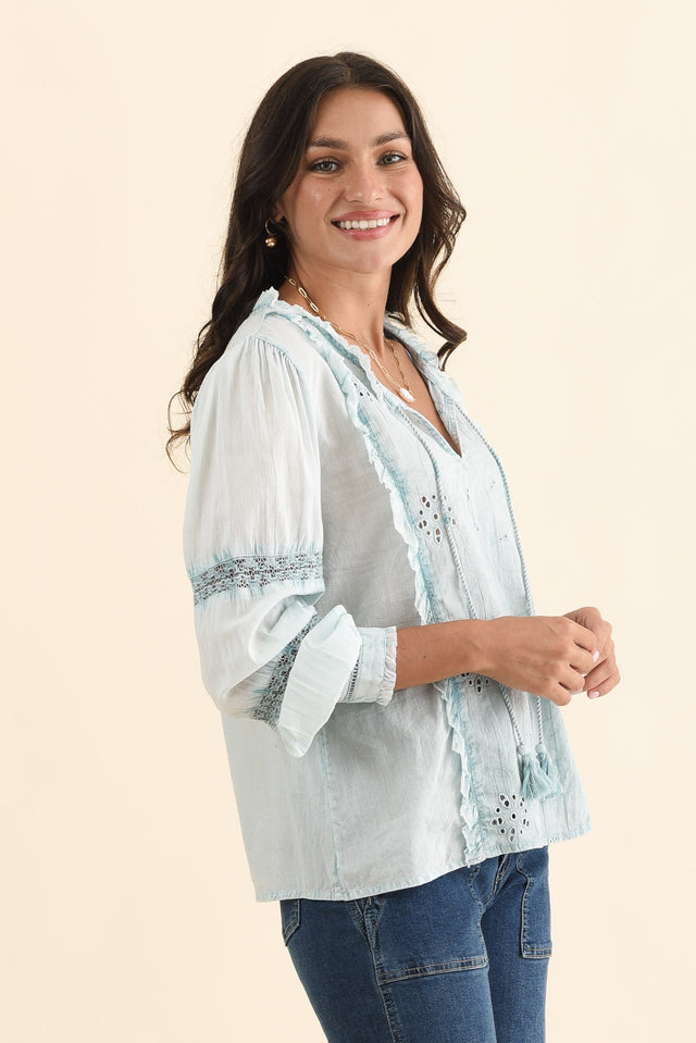 Gloria Blue Embroidered Cotton Top,Brunette model,alt text|model:Brontie image 4