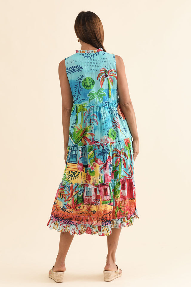 Gordo Blue Vista Cotton Sleeveless Dress,Back,Brunette model,alt text|model:Cara image 4