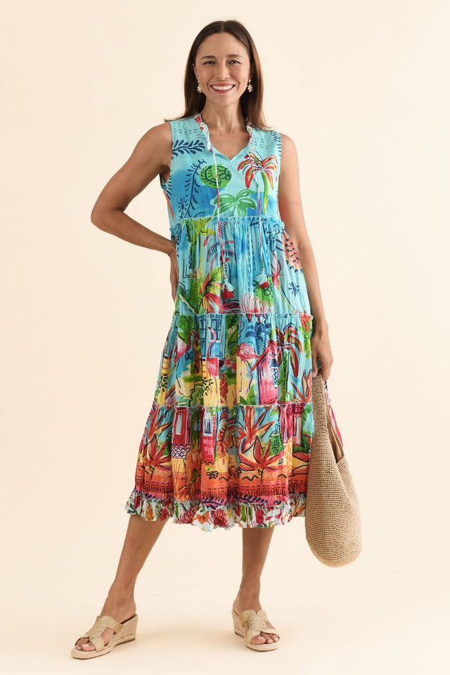 Gordo Blue Vista Cotton Sleeveless Dress,Front,Brunette model,alt text|model:Cara image 1