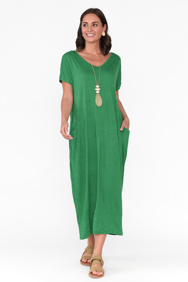 Green Pocket Crinkle Cotton Maxi Dress