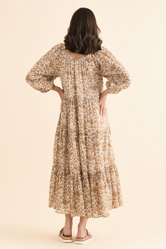 Grenadine Taupe Motif Cotton Dress,Back,Brunette model,alt text|model:MJ image 4