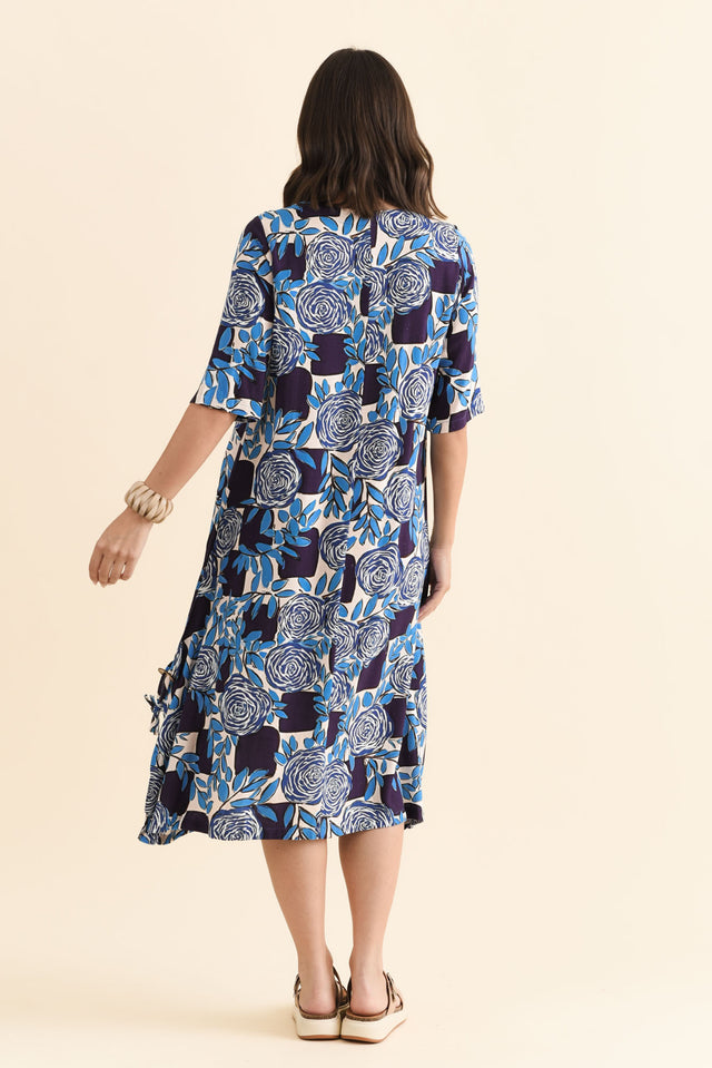 Hailee Navy Flower Linen Cotton Dress,Brunette model,alt text|model:MJ image 5