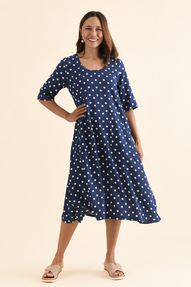 Hailee Navy Spot Linen Cotton Dress,Full Body,Brunette model,alt text|model:Cara image 2