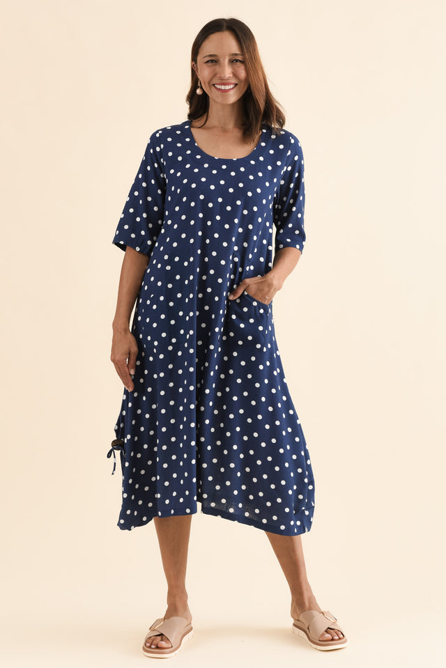 Hailee Navy Spot Linen Cotton Dress,Front,Brunette model,alt text|model:Cara image 1