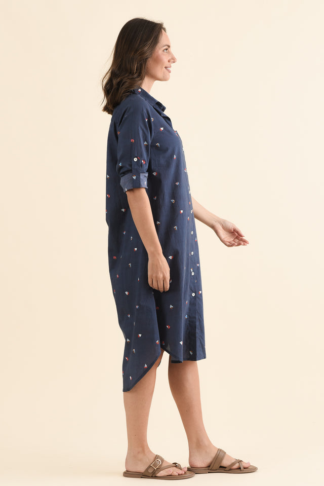 Hailey Navy Nautical Cotton Button Kaftan,Side,Brunette model,alt text|model:MJ image 3