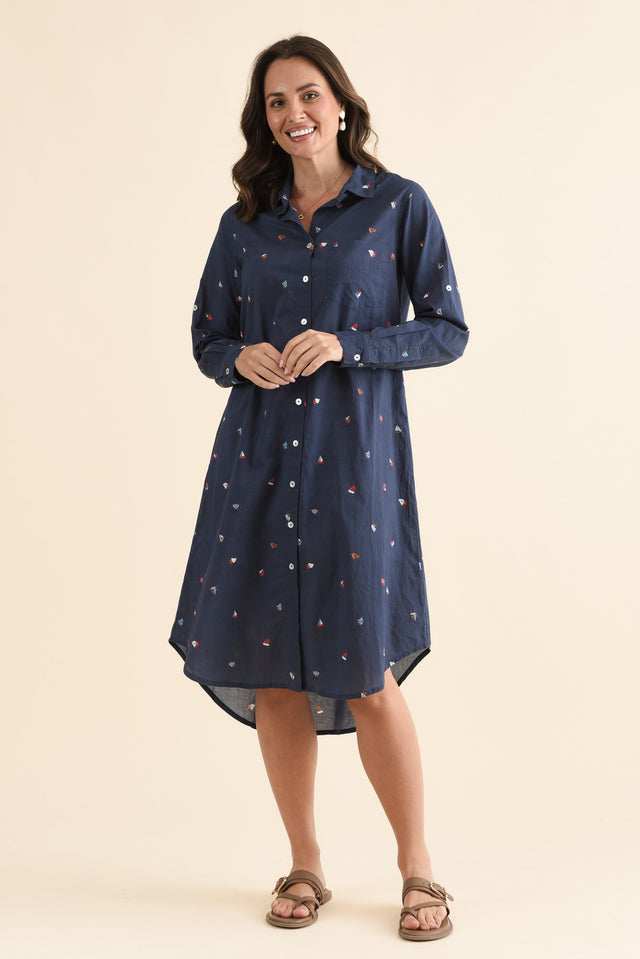 Hailey Navy Nautical Cotton Button Kaftan,Full Body,Brunette model,alt text|model:MJ image 2