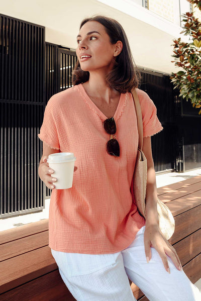 Haltia Apricot Cotton Cheesecloth V Neck Top