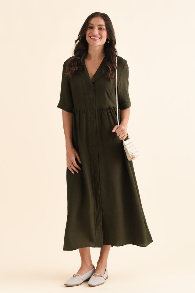 Hamlin Olive Collared Tie Dress,Front,Brunette model,alt text|model:Brontie image 1