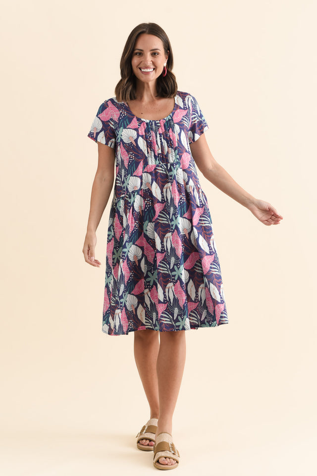 Hanoi Navy Botanical Cotton Blend Dress,Brunette model,alt text|model:MJ image 3