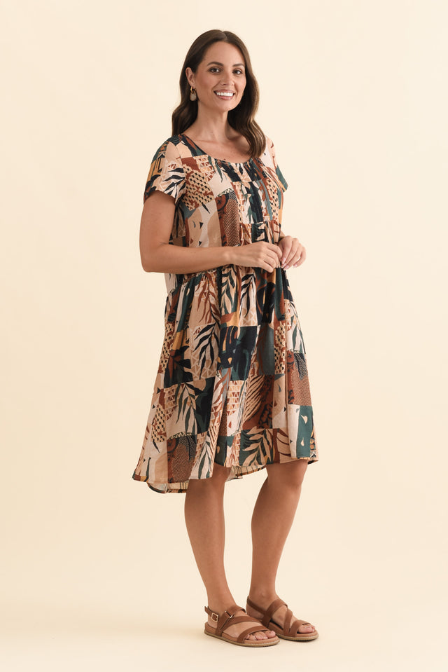 Hanoi Tan Mosaic Cotton Blend Dress,Brunette model,alt text|model:MJ image 4