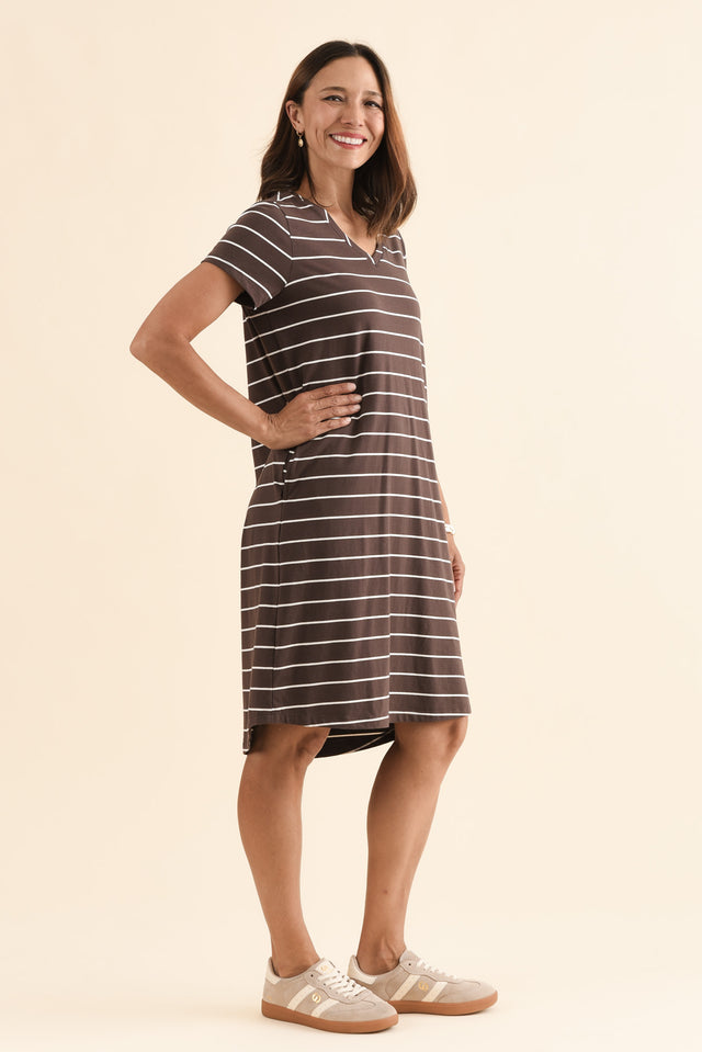 Harley Dark Brown Stripe Cotton Tee Dress,Side,Brunette model,alt text|model:Cara image 3