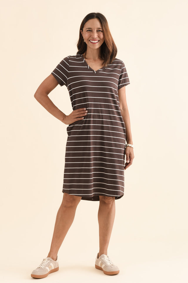 Harley Dark Brown Stripe Cotton Tee Dress,Full Body,Brunette model,alt text|model:Cara image 6