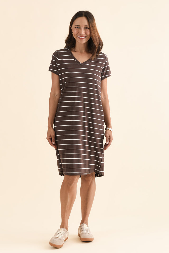 Harley Dark Brown Stripe Cotton Tee Dress,Full Body,Brunette model,alt text|model:Cara image 2