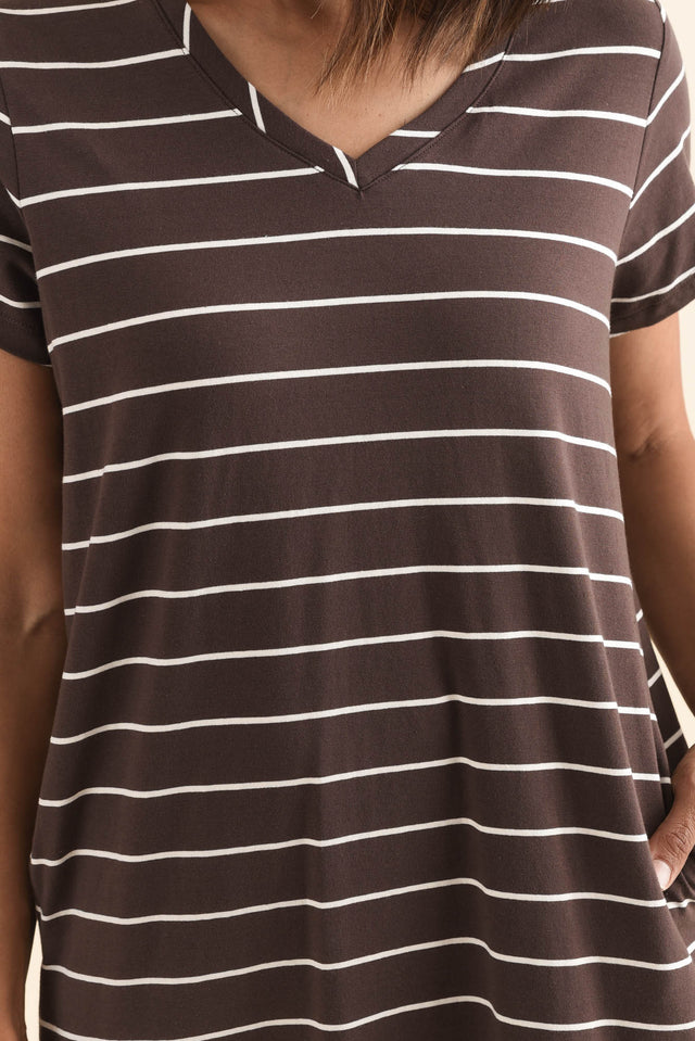 Harley Dark Brown Stripe Cotton Tee Dress,Detail,Brunette model,alt text|model:Cara image 5