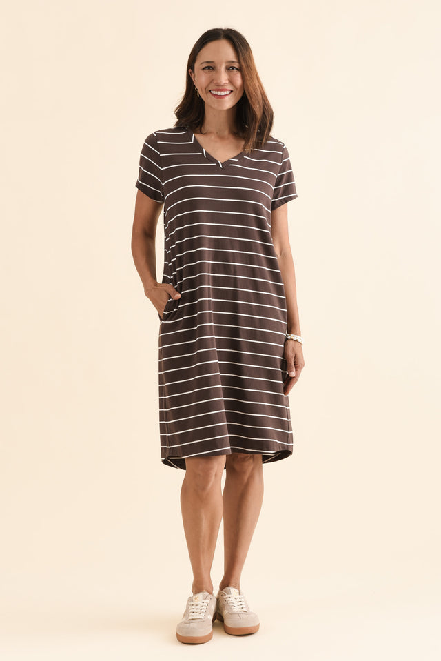 Harley Dark Brown Stripe Cotton Tee Dress,Front,Brunette model,alt text|model:Cara image 1