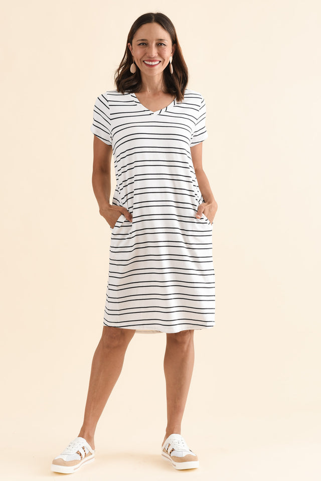 Harley White Stripe Cotton Tee Dress,Front,Brunette model,alt text|model:Cara image 1