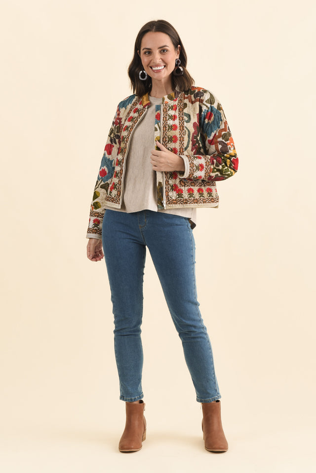 Harmony Taupe Abstract Quilted Cotton Jacket,Brunette model,alt text|model:MJ image 7