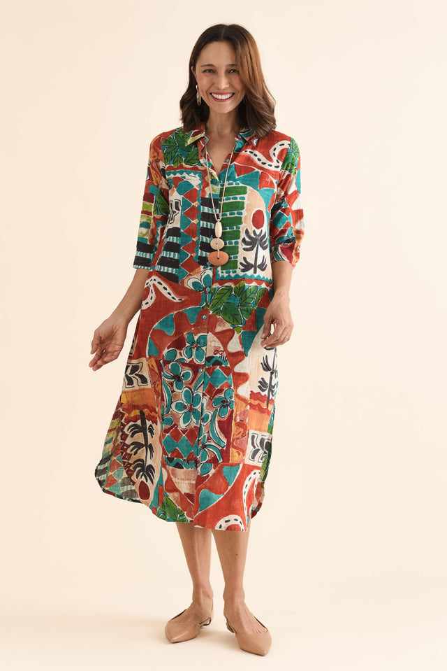 Harna Orange Tropical Organic Cotton Shirt Dress,Full Body,Brunette model,alt text|model:Cara image 6