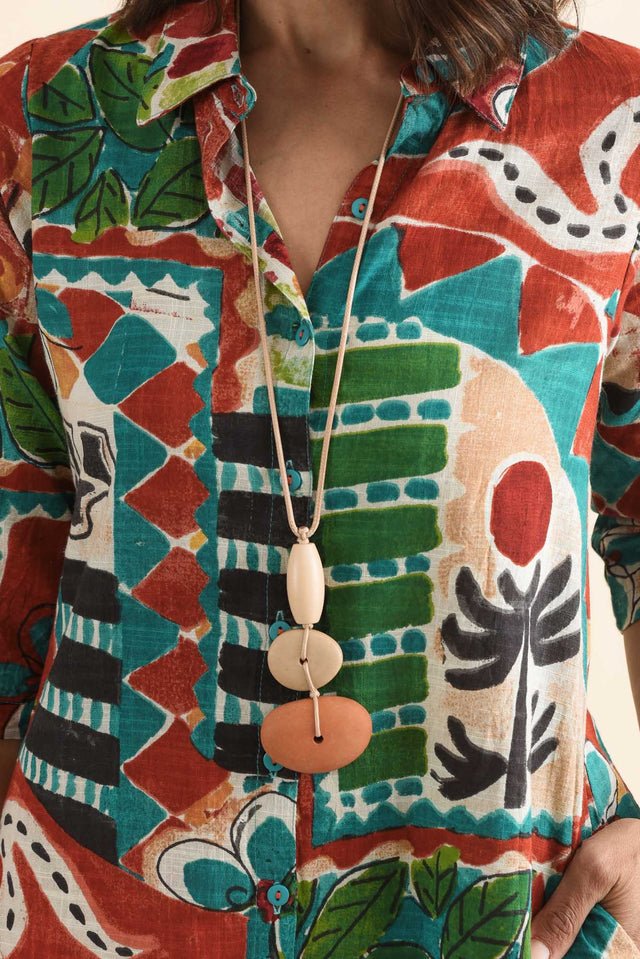 Harna Orange Tropical Organic Cotton Shirt Dress,Detail,Brunette model,alt text|model:Cara image 5