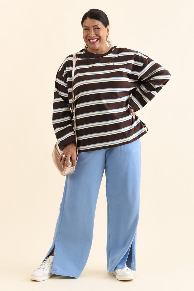 Harper Chocolate Stripe Long Sleeve Tee,Full Body,Brunette model,alt text|model:Pilita