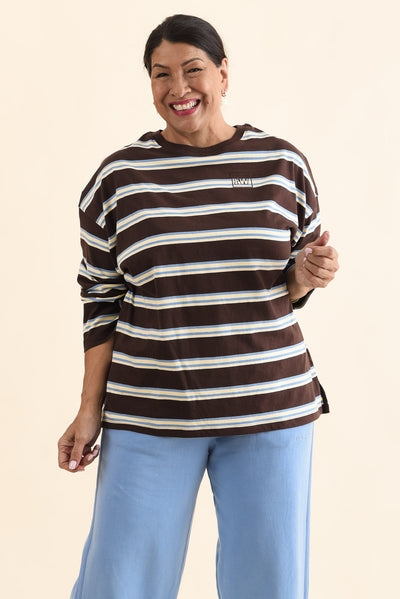 Harper Chocolate Stripe Long Sleeve Tee,Front,Brunette model,alt text|model:Pilita