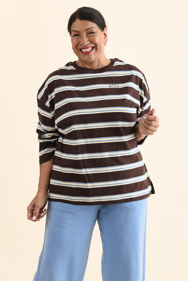 Harper Chocolate Stripe Long Sleeve Tee,Front,Brunette model,alt text|model:Pilita