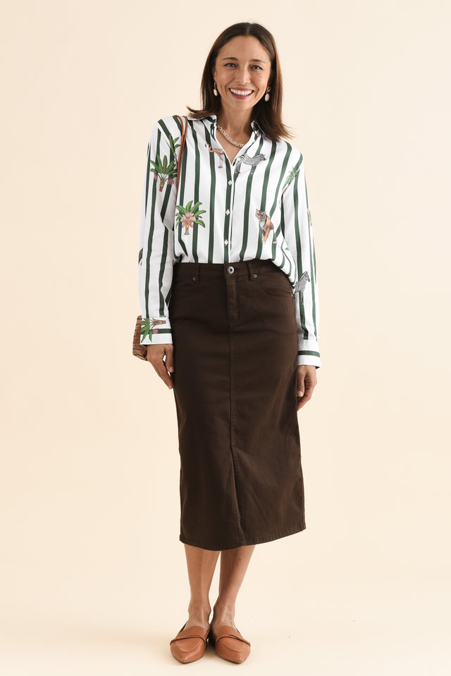 Harriet Chocolate Denim Midi Skirt,Full Body,Brunette model,alt text|model:Cara image 3