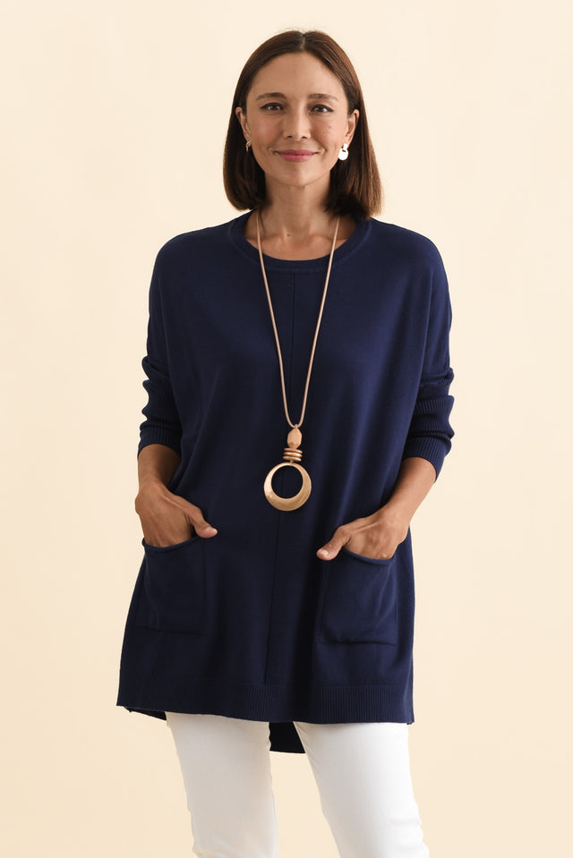 Helsinki Navy Knit Pocket Jumper,Brunette model,alt text|model:Cara