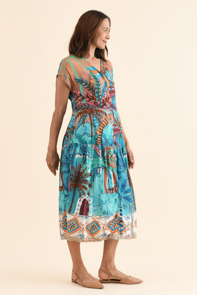 Heston Blue Tropical Button Dress,Side,Brunette model,alt text|model:Cara image 3