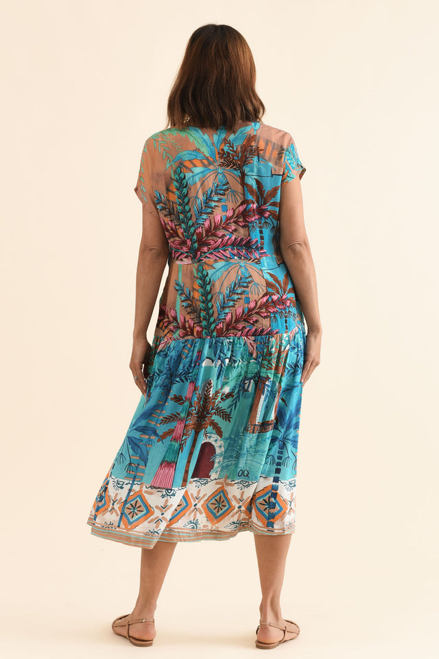 Heston Blue Tropical Button Dress,Back,Brunette model,alt text|model:Cara image 4