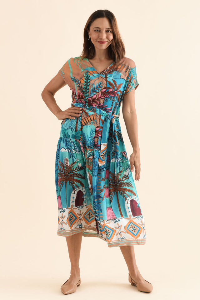 Heston Blue Tropical Button Dress,Front,Brunette model,alt text|model:Cara image 1