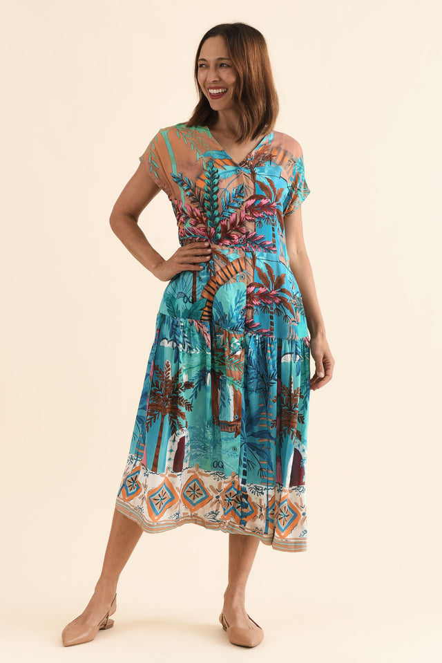 Heston Blue Tropical Button Dress,Full Body,Brunette model,alt text|model:Cara image 2