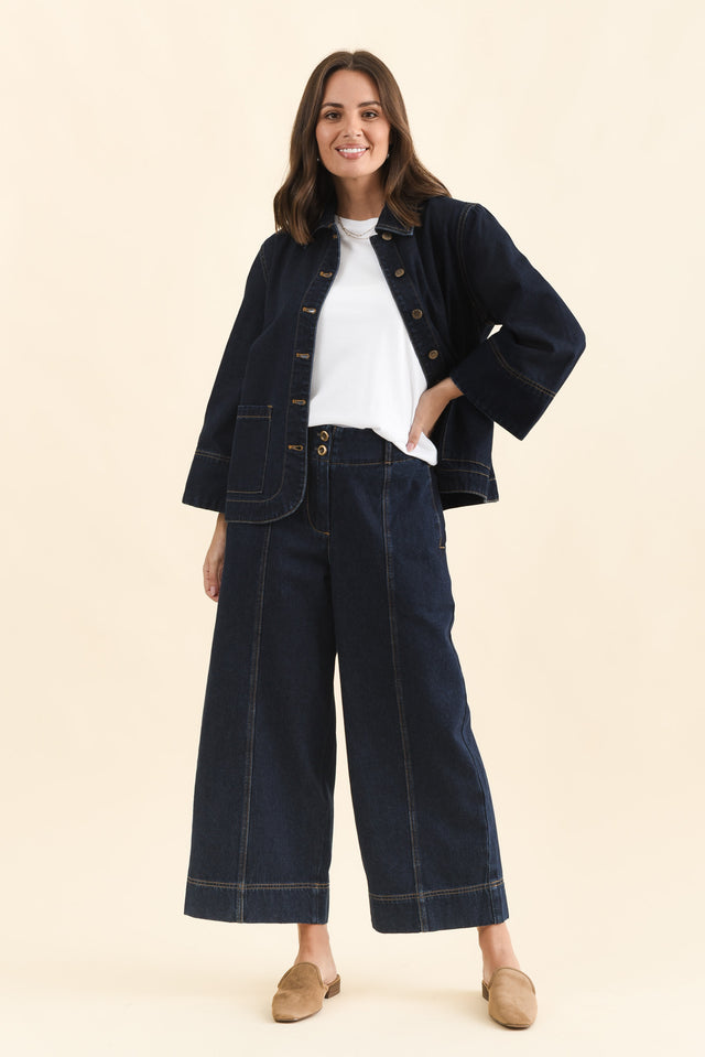 Hilary Dark Blue Denim Shacket,Full Body,Brunette model,alt text|model:MJ image 3