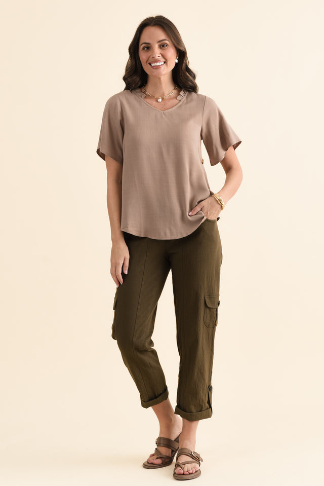 Hina Mocha Frill Collar Top,brunette model,Full Outfit,alt text|model:MJ image 6