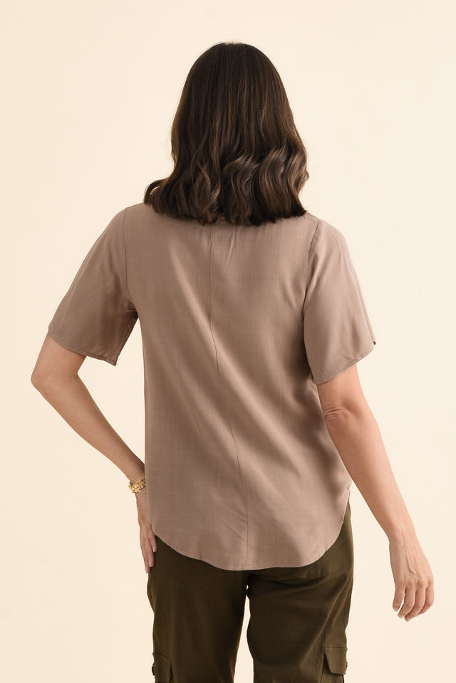 Hina Mocha Frill Collar Top,brunette model,Back of Outfit,alt text|model:MJ image 4