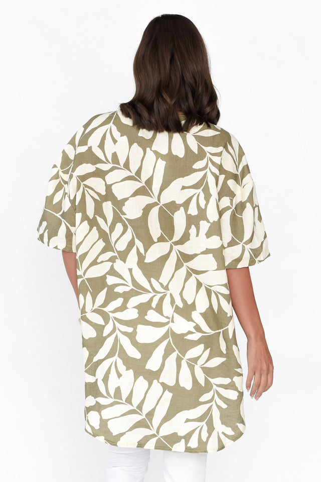 Holland Khaki Leaf Linen V Neck Tunic