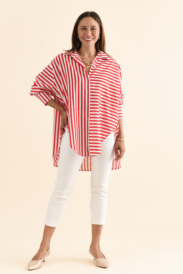 Homestead Red Stripe Cotton Shirt,Full Body,Brunette model,alt text|model:Cara image 6