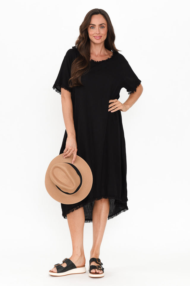 Humphrey Black Cotton Linen Frayed Dress