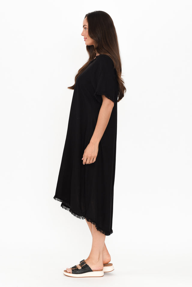 Humphrey Black Cotton Linen Frayed Dress