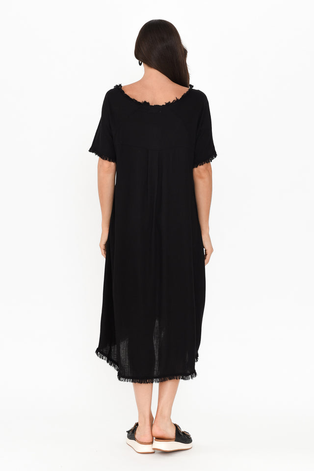 Humphrey Black Cotton Linen Frayed Dress