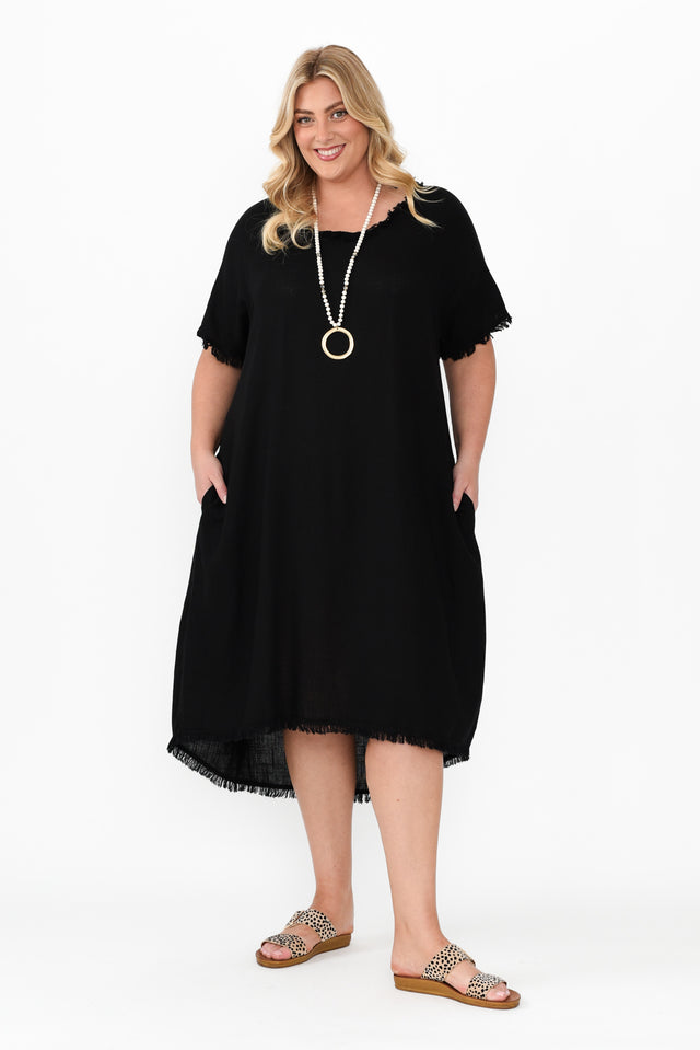 Humphrey Black Cotton Linen Frayed Dress