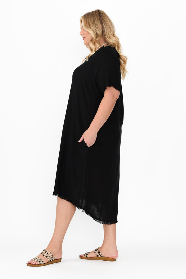 Humphrey Black Cotton Linen Frayed Dress