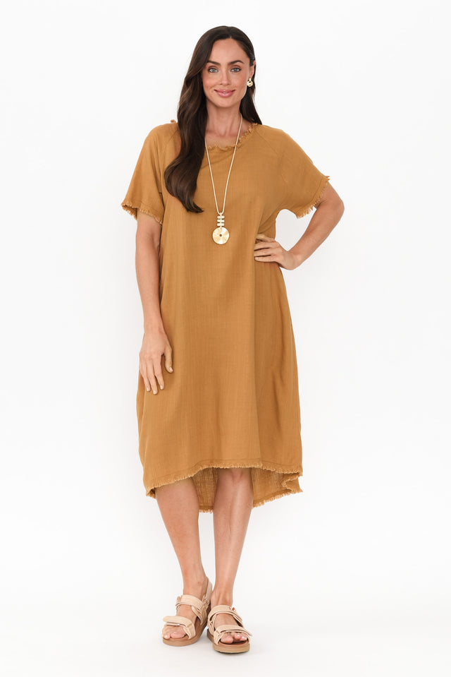 Humphrey Mustard Cotton Linen Frayed Dress banner image