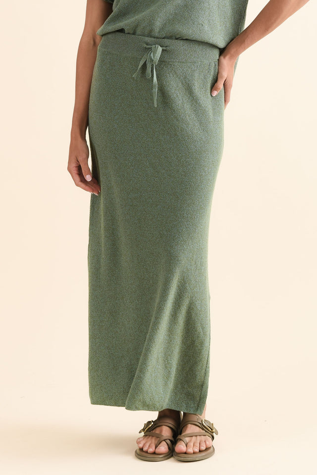 Hyatt Green Cotton Skirt,Front,Brunette model,alt text|model:Brontie image 1