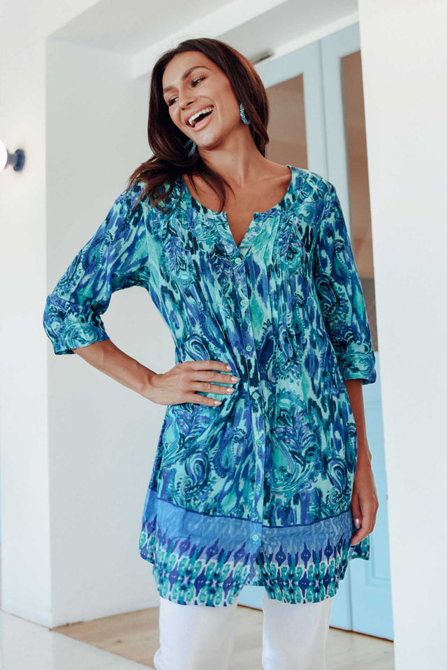 Indra Blue Paisley Cotton Tunic Top