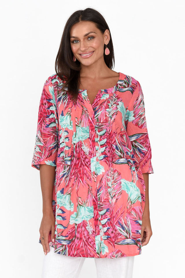 Indra Pink Bloom Cotton Tunic Top neckline_V Neck  thumbnail 1