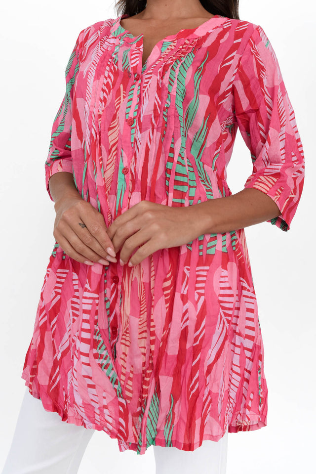 Indra Pink Foliage Cotton Tunic Top