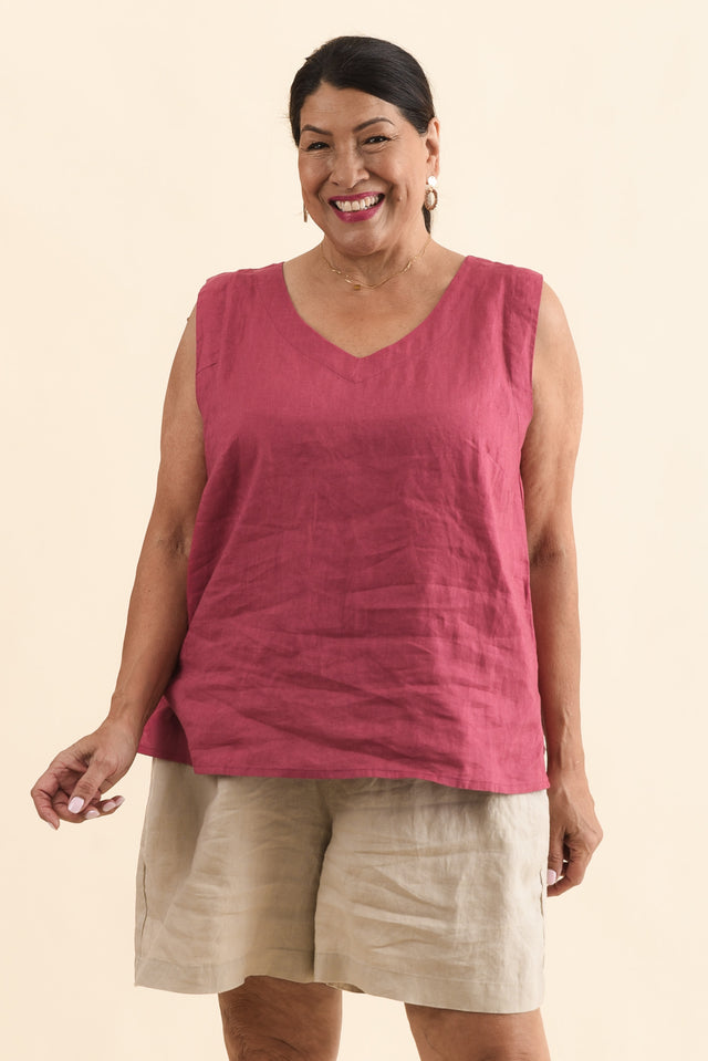 Inez Pink Linen Tank,Front,Brunette model,alt text|model:Pilita image 8