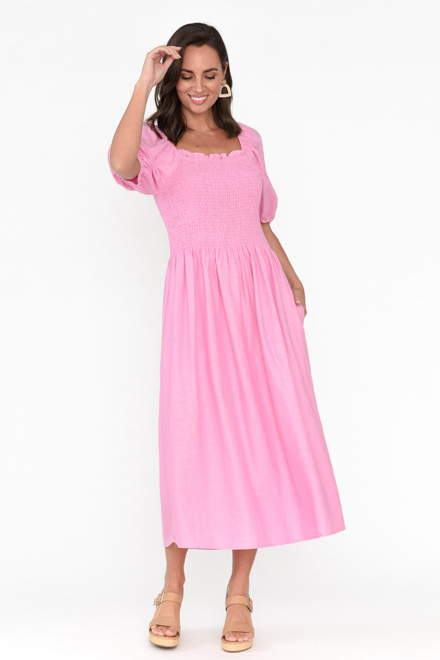 Ingrid Pink Linen Blend Shirred Dress image 5